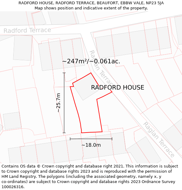 RADFORD HOUSE, RADFORD TERRACE, BEAUFORT, EBBW VALE, NP23 5JA: Plot and title map