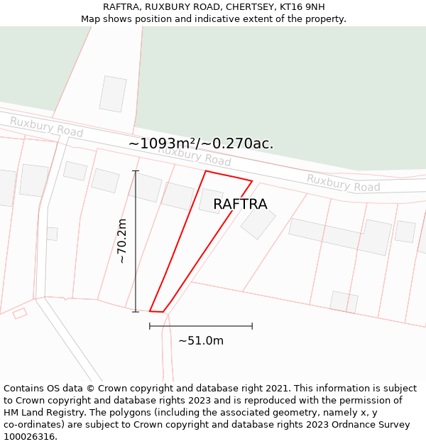 RAFTRA, RUXBURY ROAD, CHERTSEY, KT16 9NH: Plot and title map