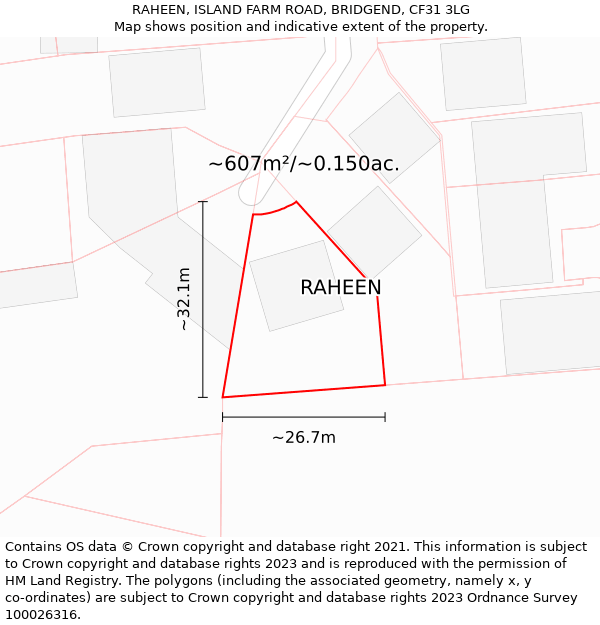 RAHEEN, ISLAND FARM ROAD, BRIDGEND, CF31 3LG: Plot and title map