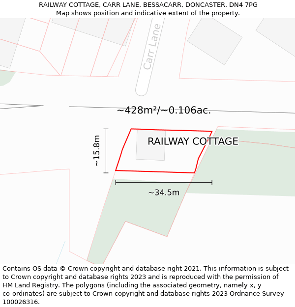 RAILWAY COTTAGE, CARR LANE, BESSACARR, DONCASTER, DN4 7PG: Plot and title map