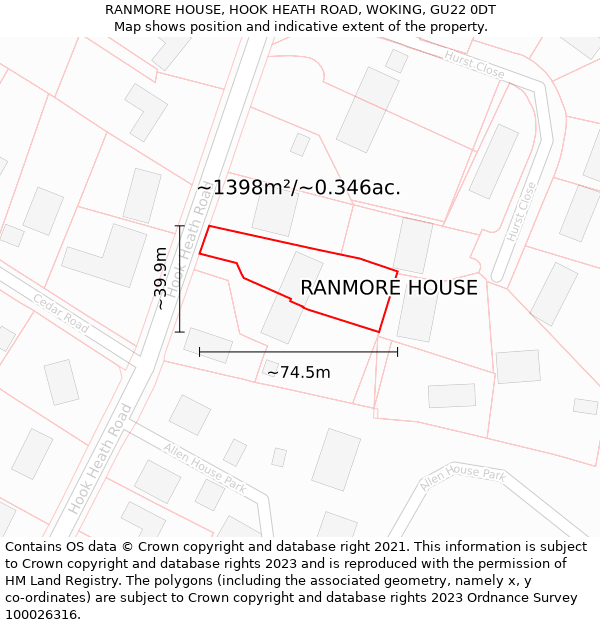 RANMORE HOUSE, HOOK HEATH ROAD, WOKING, GU22 0DT: Plot and title map