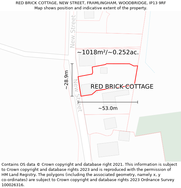 RED BRICK COTTAGE, NEW STREET, FRAMLINGHAM, WOODBRIDGE, IP13 9RF: Plot and title map