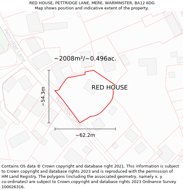 RED HOUSE, PETTRIDGE LANE, MERE, WARMINSTER, BA12 6DG: Plot and title map