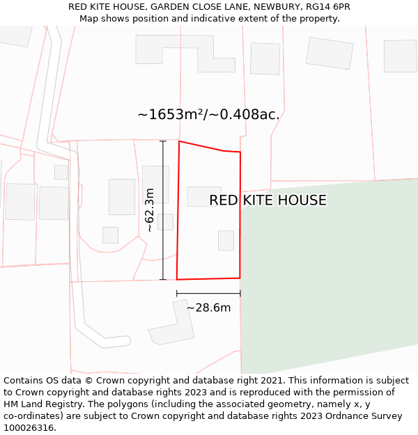 RED KITE HOUSE, GARDEN CLOSE LANE, NEWBURY, RG14 6PR: Plot and title map