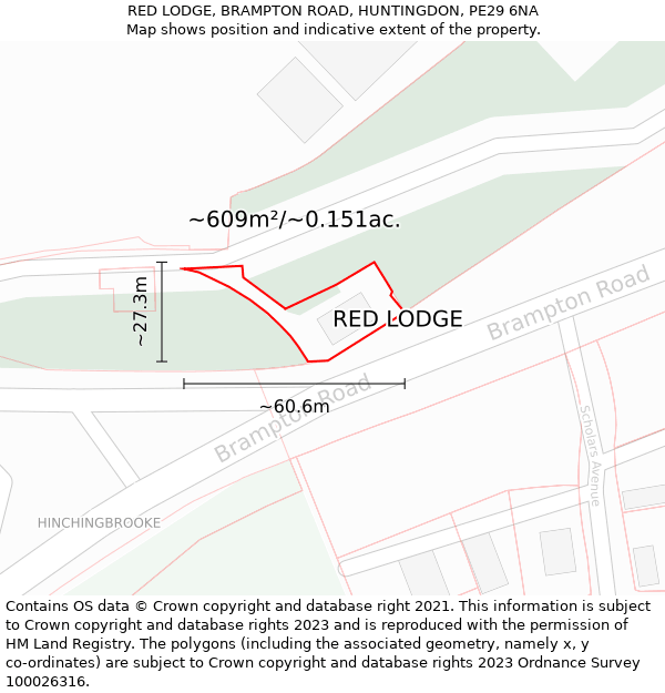 RED LODGE, BRAMPTON ROAD, HUNTINGDON, PE29 6NA: Plot and title map