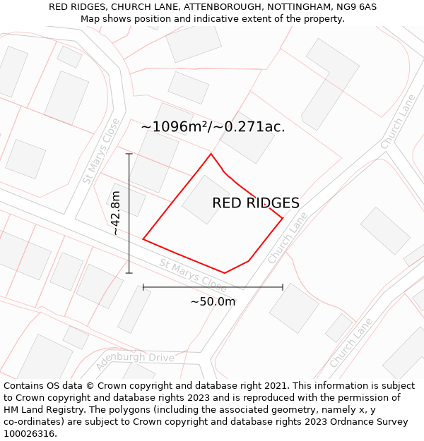 RED RIDGES, CHURCH LANE, ATTENBOROUGH, NOTTINGHAM, NG9 6AS: Plot and title map