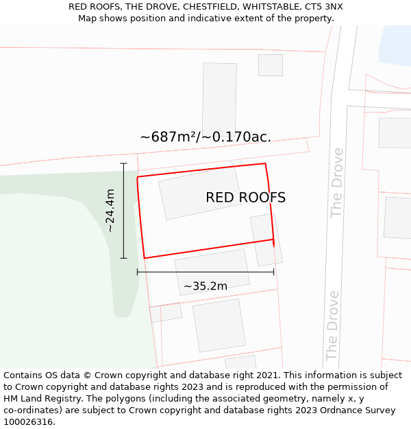 RED ROOFS, THE DROVE, CHESTFIELD, WHITSTABLE, CT5 3NX: Plot and title map