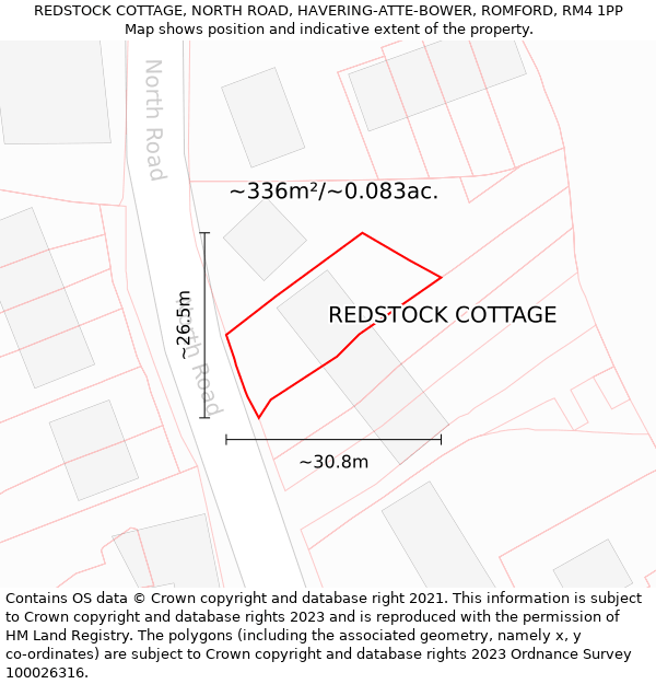 REDSTOCK COTTAGE, NORTH ROAD, HAVERING-ATTE-BOWER, ROMFORD, RM4 1PP: Plot and title map