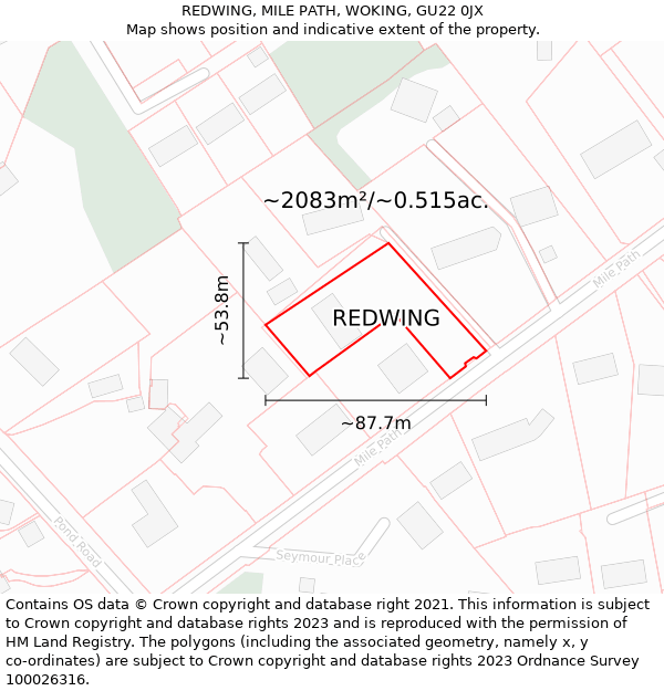 REDWING, MILE PATH, WOKING, GU22 0JX: Plot and title map