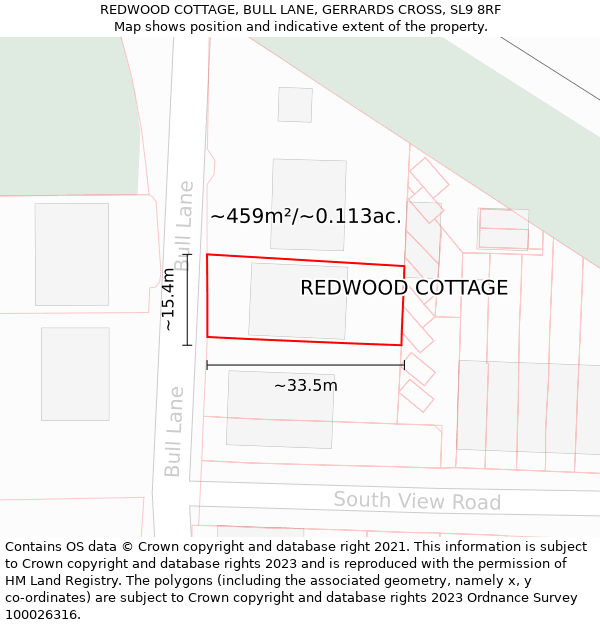 REDWOOD COTTAGE, BULL LANE, GERRARDS CROSS, SL9 8RF: Plot and title map