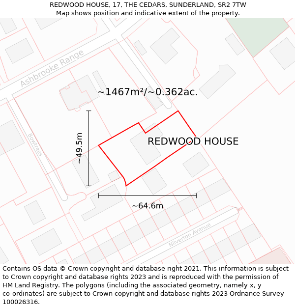 REDWOOD HOUSE, 17, THE CEDARS, SUNDERLAND, SR2 7TW: Plot and title map