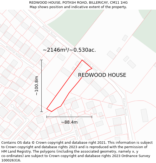 REDWOOD HOUSE, POTASH ROAD, BILLERICAY, CM11 1HG: Plot and title map