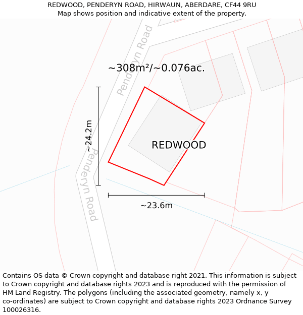 REDWOOD, PENDERYN ROAD, HIRWAUN, ABERDARE, CF44 9RU: Plot and title map