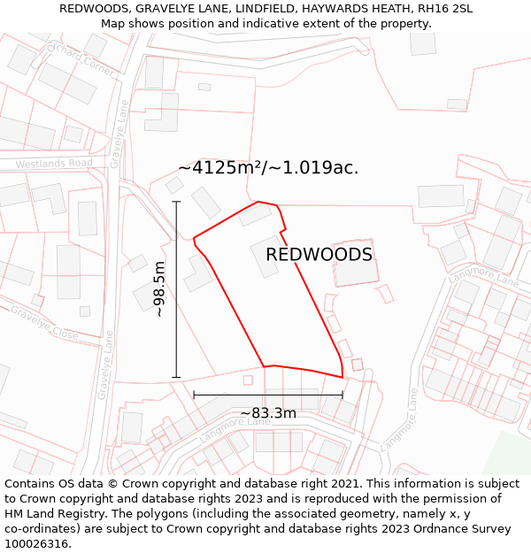 REDWOODS, GRAVELYE LANE, LINDFIELD, HAYWARDS HEATH, RH16 2SL: Plot and title map