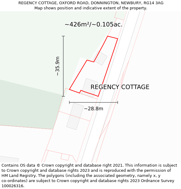 REGENCY COTTAGE, OXFORD ROAD, DONNINGTON, NEWBURY, RG14 3AG: Plot and title map