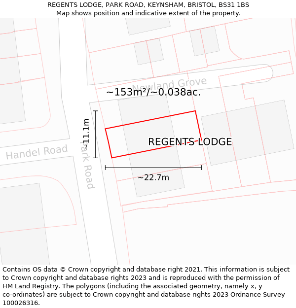 REGENTS LODGE, PARK ROAD, KEYNSHAM, BRISTOL, BS31 1BS: Plot and title map