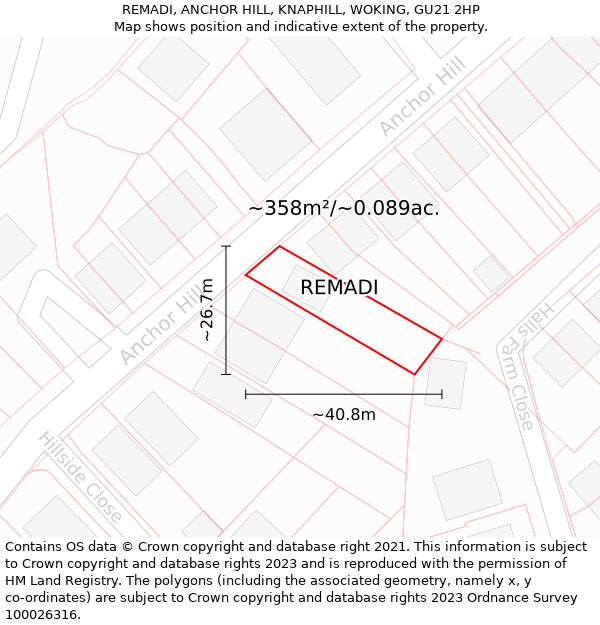 REMADI, ANCHOR HILL, KNAPHILL, WOKING, GU21 2HP: Plot and title map