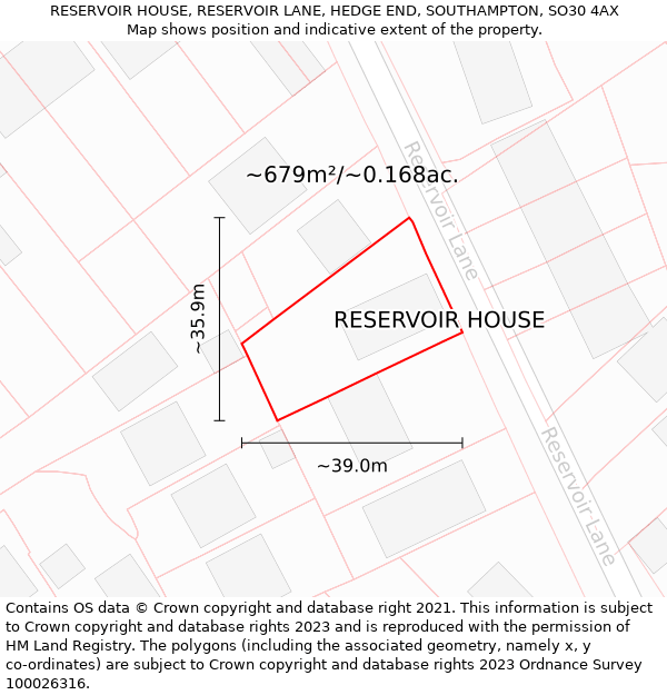 RESERVOIR HOUSE, RESERVOIR LANE, HEDGE END, SOUTHAMPTON, SO30 4AX: Plot and title map