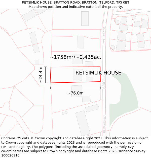 RETSIMLIK HOUSE, BRATTON ROAD, BRATTON, TELFORD, TF5 0BT: Plot and title map