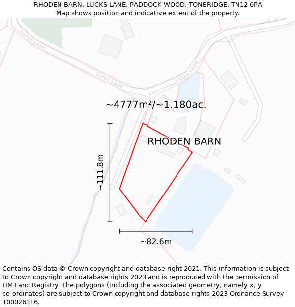 RHODEN BARN, LUCKS LANE, PADDOCK WOOD, TONBRIDGE, TN12 6PA: Plot and title map