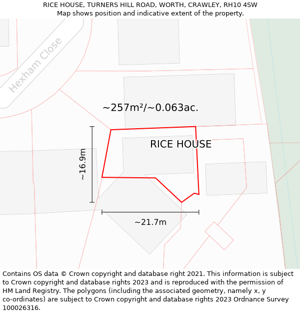 RICE HOUSE, TURNERS HILL ROAD, WORTH, CRAWLEY, RH10 4SW: Plot and title map