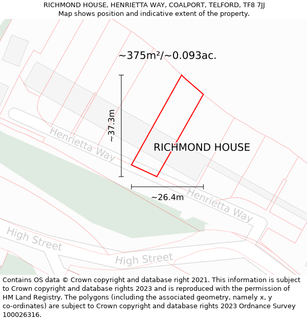 RICHMOND HOUSE, HENRIETTA WAY, COALPORT, TELFORD, TF8 7JJ: Plot and title map