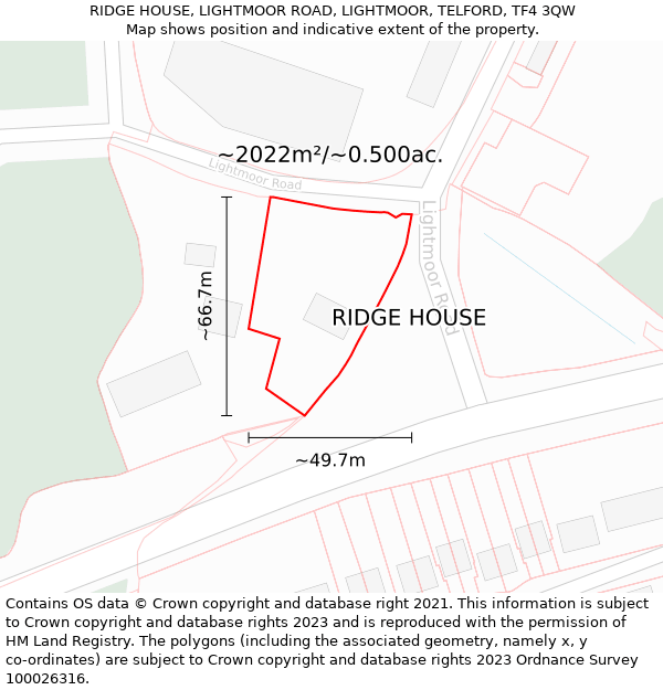 RIDGE HOUSE, LIGHTMOOR ROAD, LIGHTMOOR, TELFORD, TF4 3QW: Plot and title map