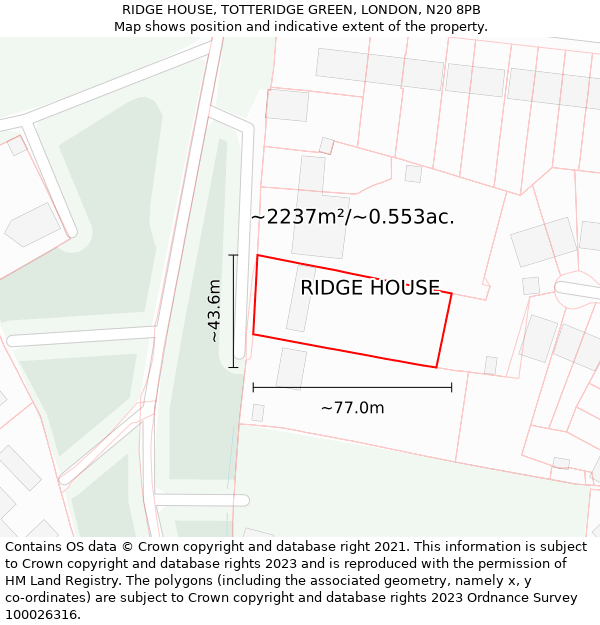 RIDGE HOUSE, TOTTERIDGE GREEN, LONDON, N20 8PB: Plot and title map