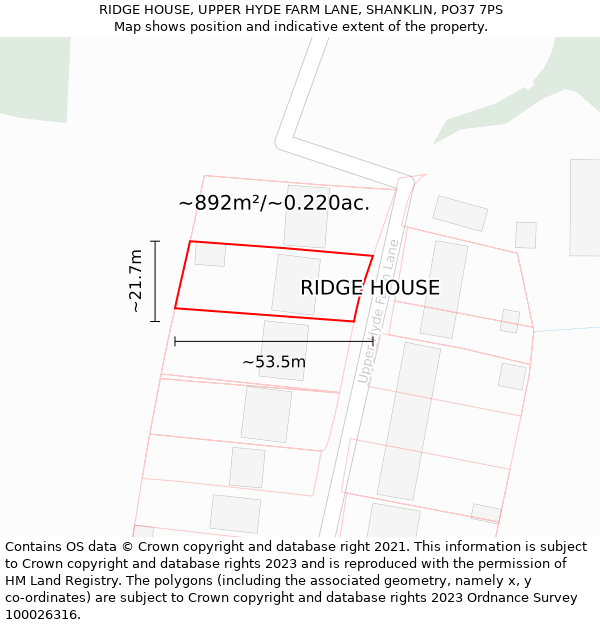 RIDGE HOUSE, UPPER HYDE FARM LANE, SHANKLIN, PO37 7PS: Plot and title map