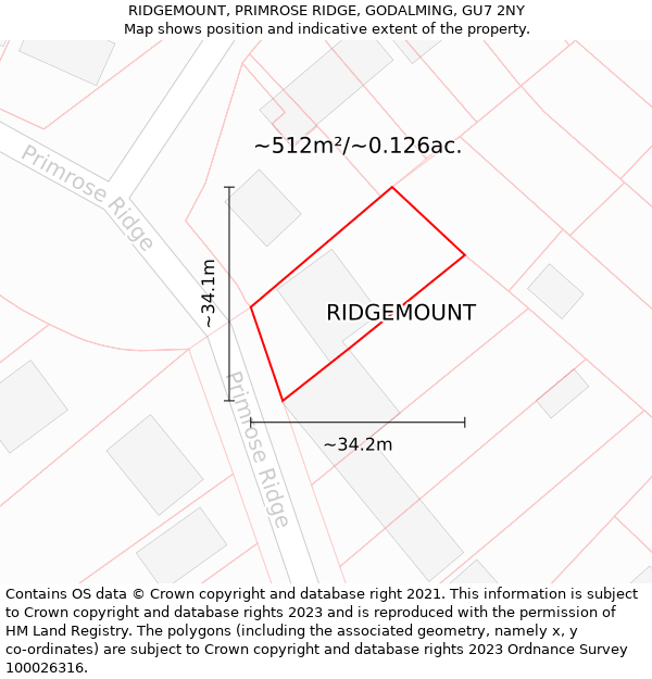 RIDGEMOUNT, PRIMROSE RIDGE, GODALMING, GU7 2NY: Plot and title map