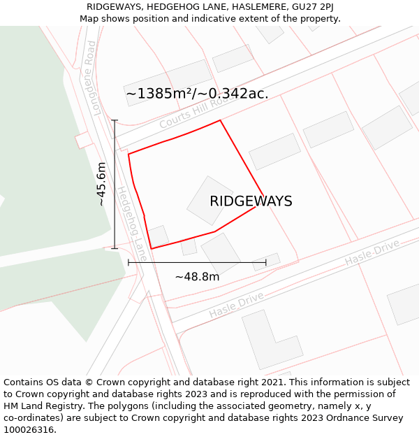 RIDGEWAYS, HEDGEHOG LANE, HASLEMERE, GU27 2PJ: Plot and title map