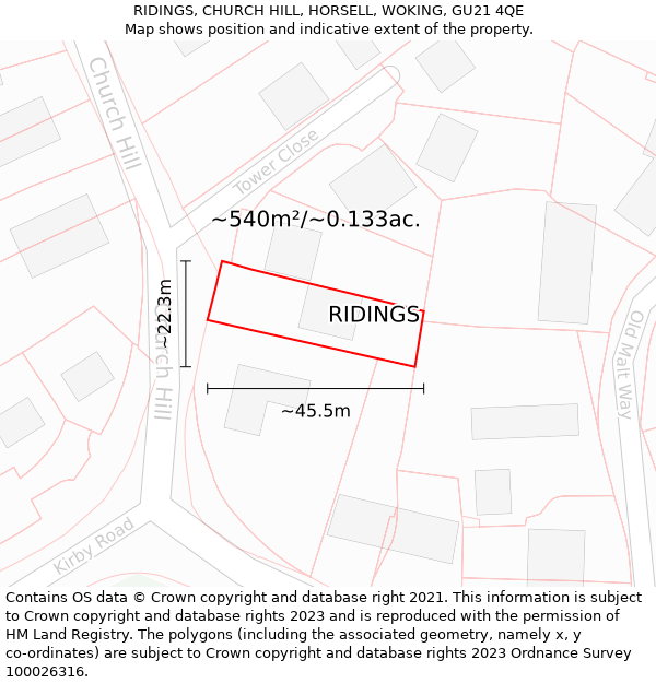 RIDINGS, CHURCH HILL, HORSELL, WOKING, GU21 4QE: Plot and title map