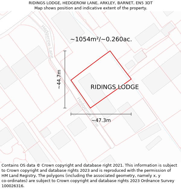 RIDINGS LODGE, HEDGEROW LANE, ARKLEY, BARNET, EN5 3DT: Plot and title map
