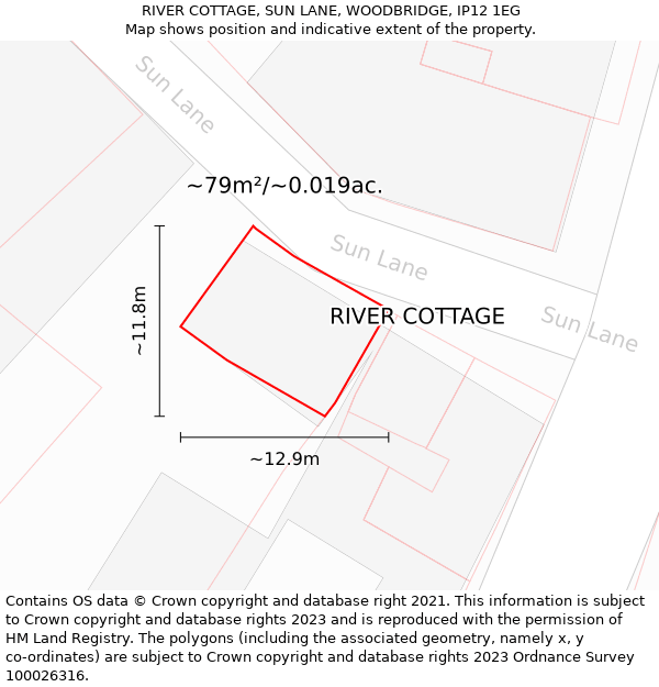 RIVER COTTAGE, SUN LANE, WOODBRIDGE, IP12 1EG: Plot and title map