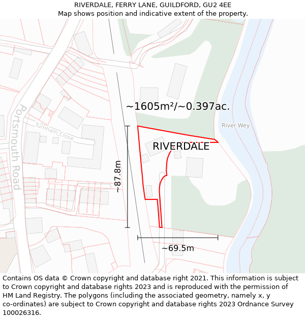 RIVERDALE, FERRY LANE, GUILDFORD, GU2 4EE: Plot and title map