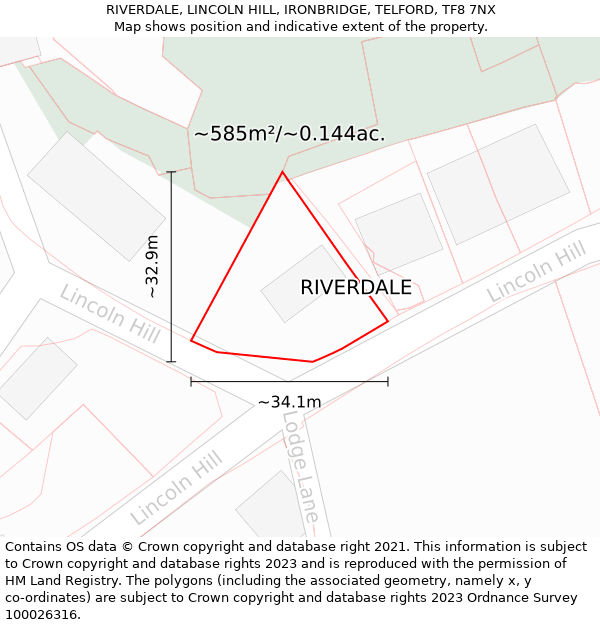 RIVERDALE, LINCOLN HILL, IRONBRIDGE, TELFORD, TF8 7NX: Plot and title map