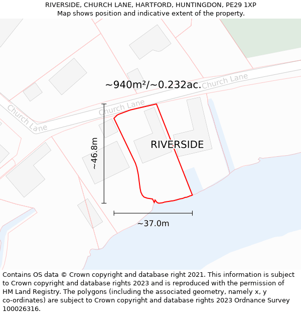 RIVERSIDE, CHURCH LANE, HARTFORD, HUNTINGDON, PE29 1XP: Plot and title map