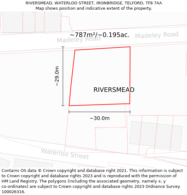 RIVERSMEAD, WATERLOO STREET, IRONBRIDGE, TELFORD, TF8 7AA: Plot and title map