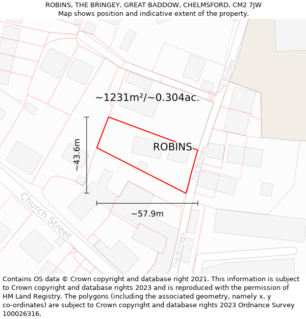 ROBINS, THE BRINGEY, GREAT BADDOW, CHELMSFORD, CM2 7JW: Plot and title map