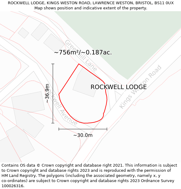 ROCKWELL LODGE, KINGS WESTON ROAD, LAWRENCE WESTON, BRISTOL, BS11 0UX: Plot and title map