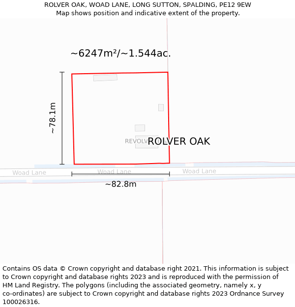 ROLVER OAK, WOAD LANE, LONG SUTTON, SPALDING, PE12 9EW: Plot and title map