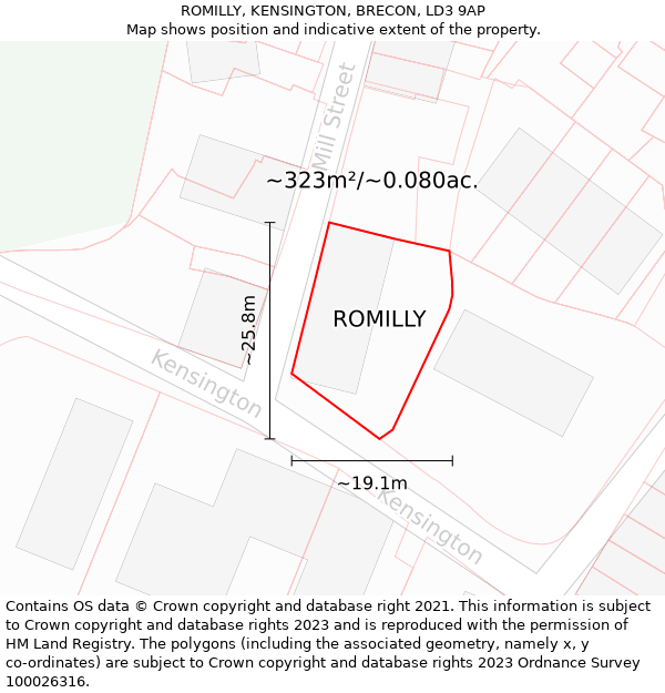 ROMILLY, KENSINGTON, BRECON, LD3 9AP: Plot and title map