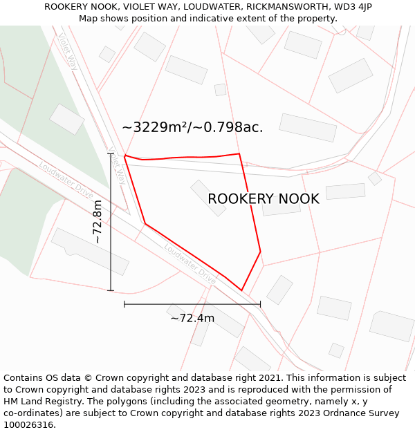 ROOKERY NOOK, VIOLET WAY, LOUDWATER, RICKMANSWORTH, WD3 4JP: Plot and title map