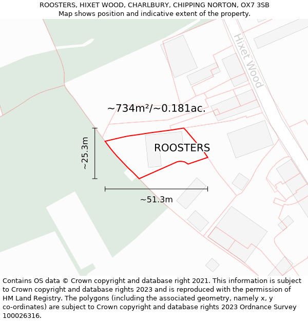 ROOSTERS, HIXET WOOD, CHARLBURY, CHIPPING NORTON, OX7 3SB: Plot and title map