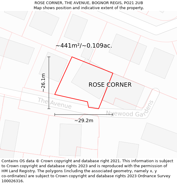 ROSE CORNER, THE AVENUE, BOGNOR REGIS, PO21 2UB: Plot and title map