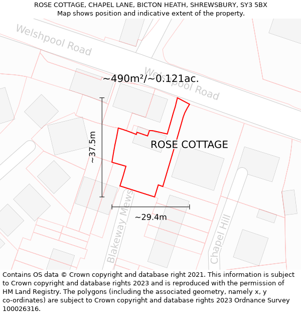 ROSE COTTAGE, CHAPEL LANE, BICTON HEATH, SHREWSBURY, SY3 5BX: Plot and title map