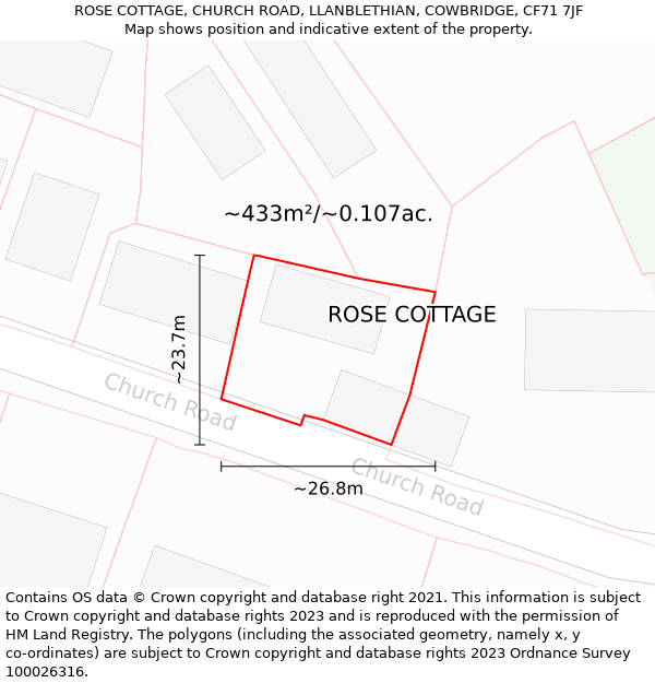 ROSE COTTAGE, CHURCH ROAD, LLANBLETHIAN, COWBRIDGE, CF71 7JF: Plot and title map