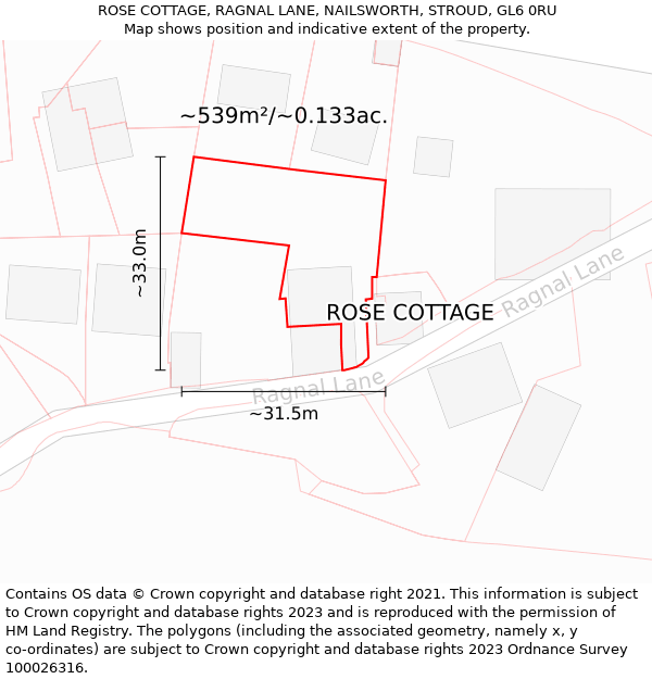 ROSE COTTAGE, RAGNAL LANE, NAILSWORTH, STROUD, GL6 0RU: Plot and title map