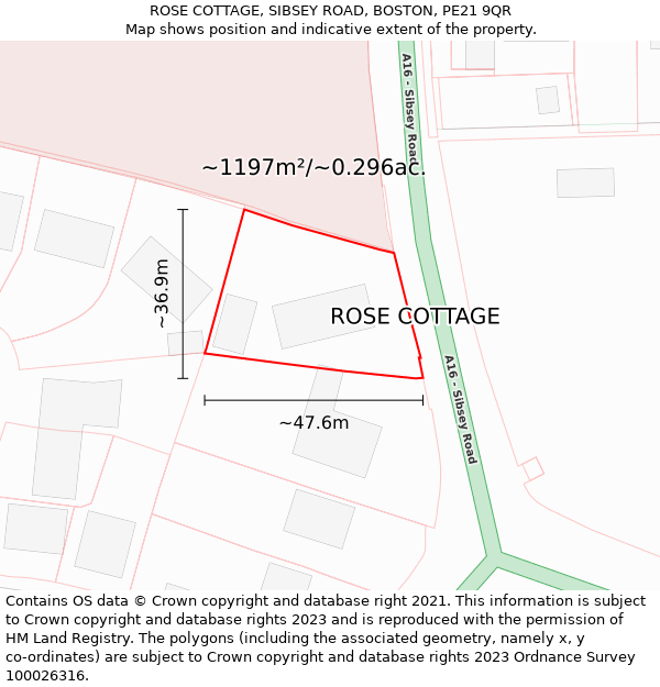 ROSE COTTAGE, SIBSEY ROAD, BOSTON, PE21 9QR: Plot and title map