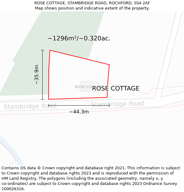 ROSE COTTAGE, STAMBRIDGE ROAD, ROCHFORD, SS4 2AF: Plot and title map